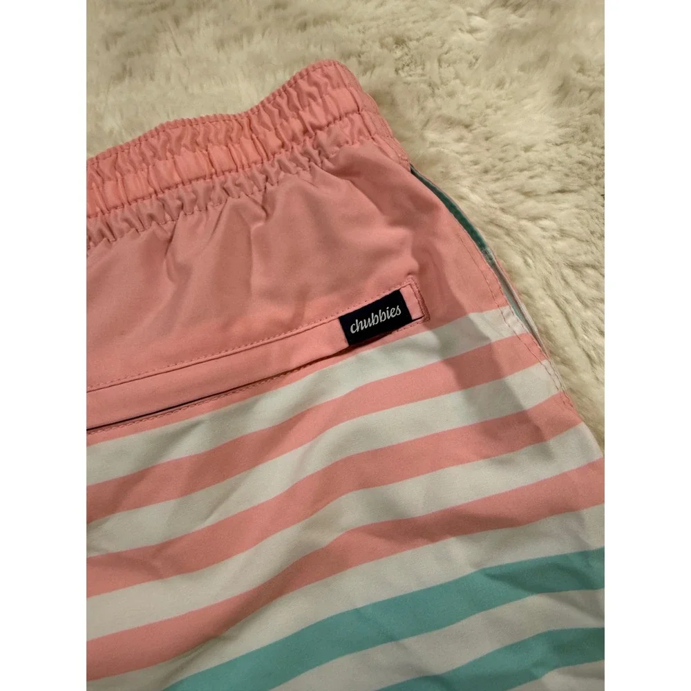 Chubbies Swim Trunks XL Pink Turquoise Stripe Beach Shorts Beach Resortwear